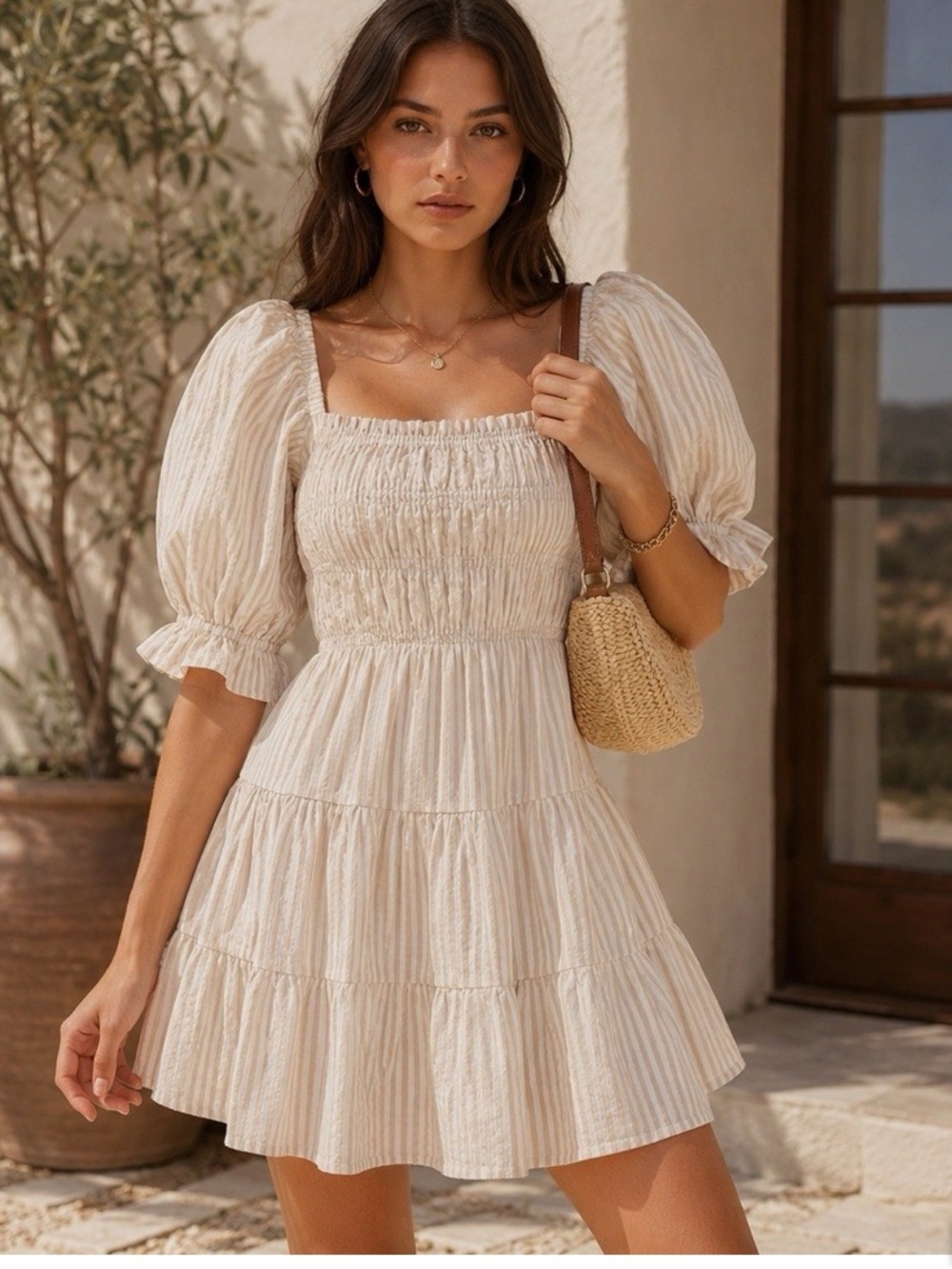 MINKPINK Cream-Striped Smocked Tiered Mini Dress